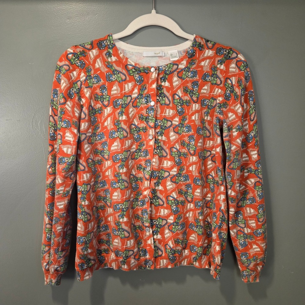 Liz Golf Women's Snap Button Cardigan Size L‎ Orange Multi 100% Cotton